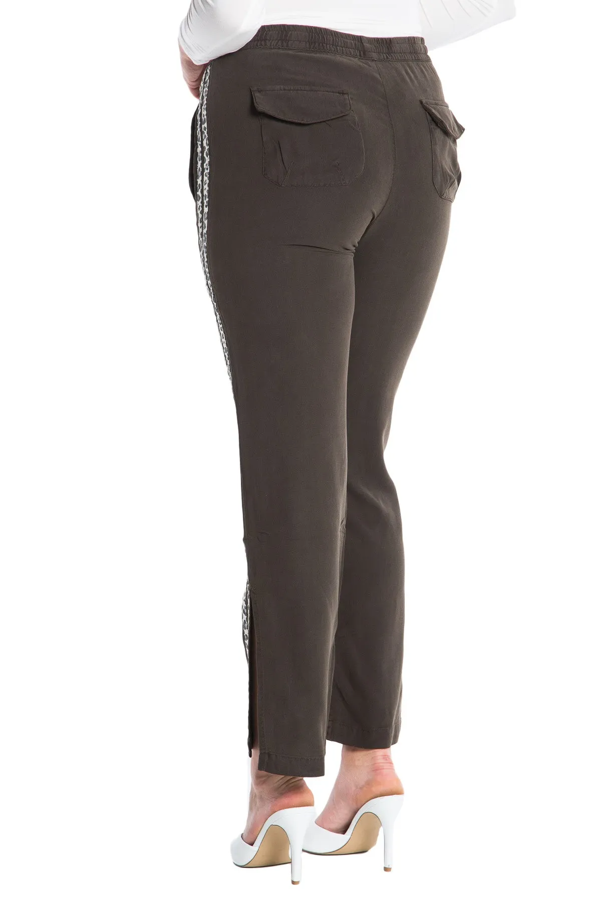 100% Silk relaxed pants with side tapes in Black Olive