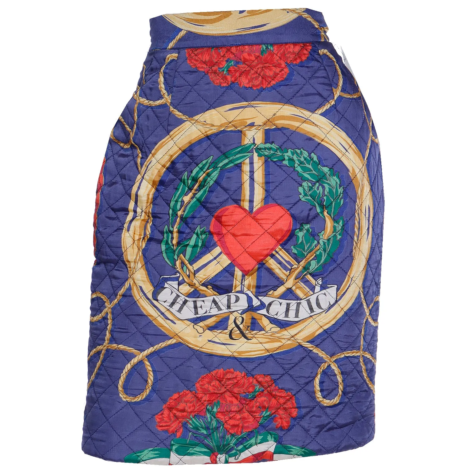 1980s Franco Moschino Cheap & Chic Peace Sign Heart Quilted Skirt