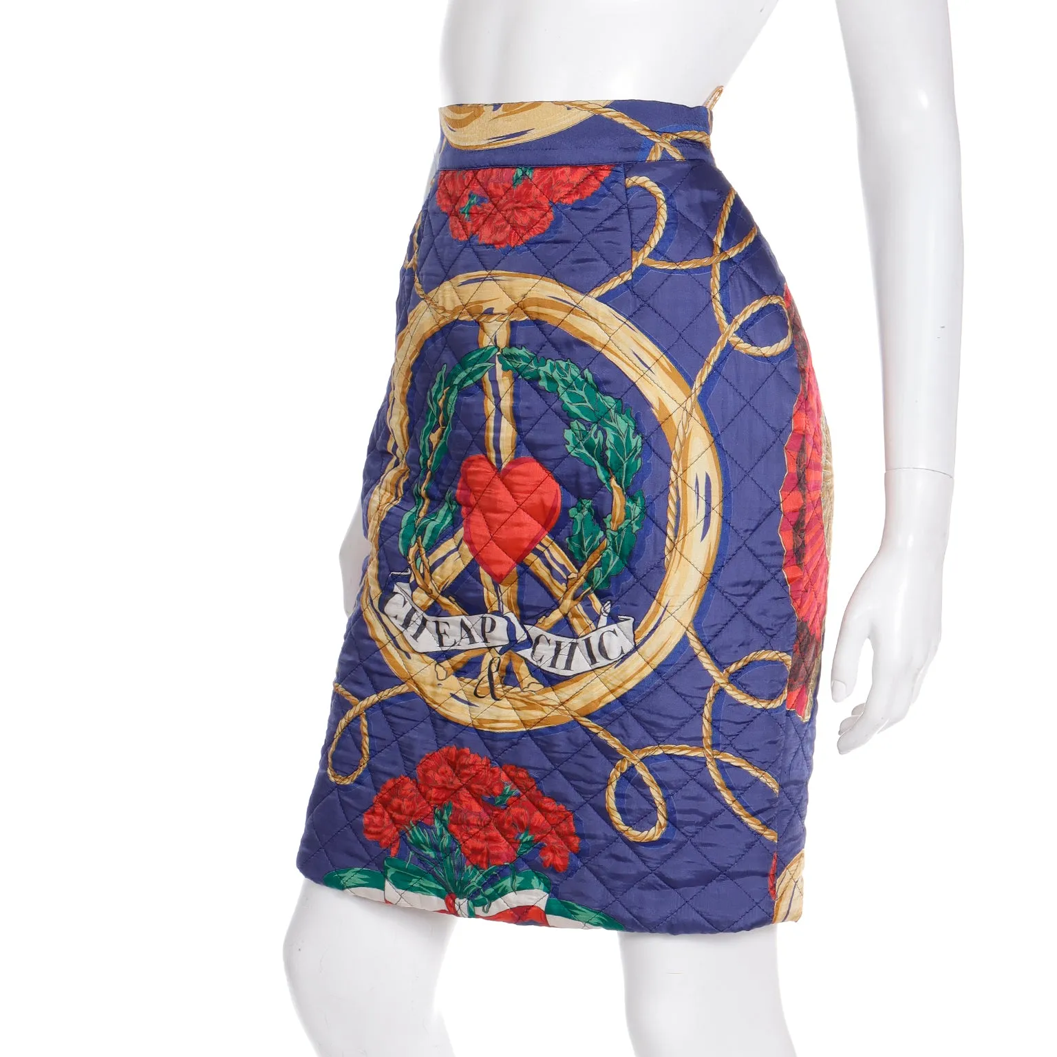 1980s Franco Moschino Cheap & Chic Peace Sign Heart Quilted Skirt