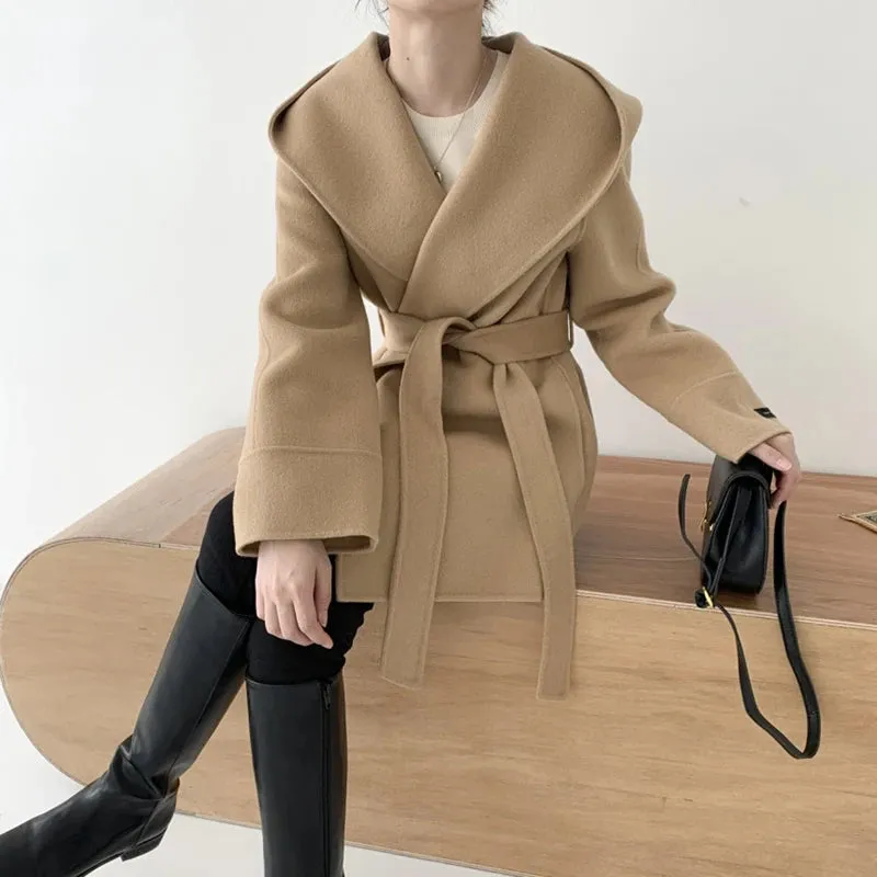 Advbridge Elegant Wool Blends Coats Women Korean Black Hooded Woolen Jackets Ladies Fashion Bandage Overcoat Winter Commute Outerwears New