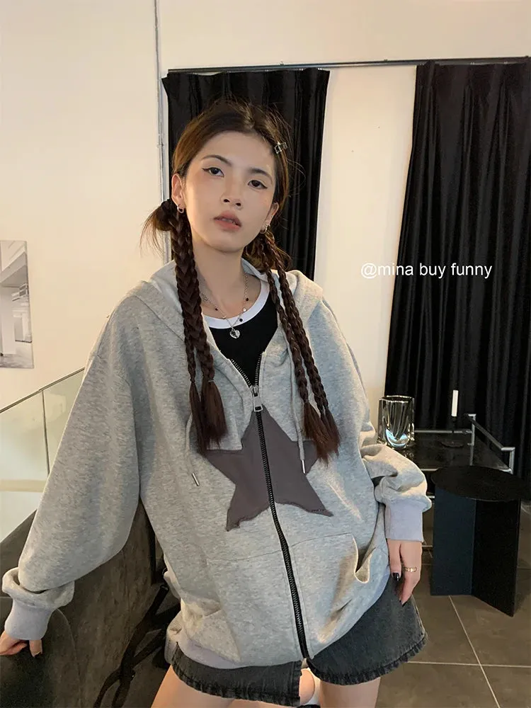 Advbridge -  Womens Clothing coffee color Harajuku Street Sweatshirt Hoodie Star Printing Long Sleeves Casual Warm Baggy Ladies Tops Autumn