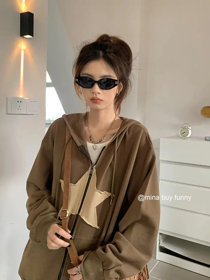 Advbridge -  Womens Clothing coffee color Harajuku Street Sweatshirt Hoodie Star Printing Long Sleeves Casual Warm Baggy Ladies Tops Autumn