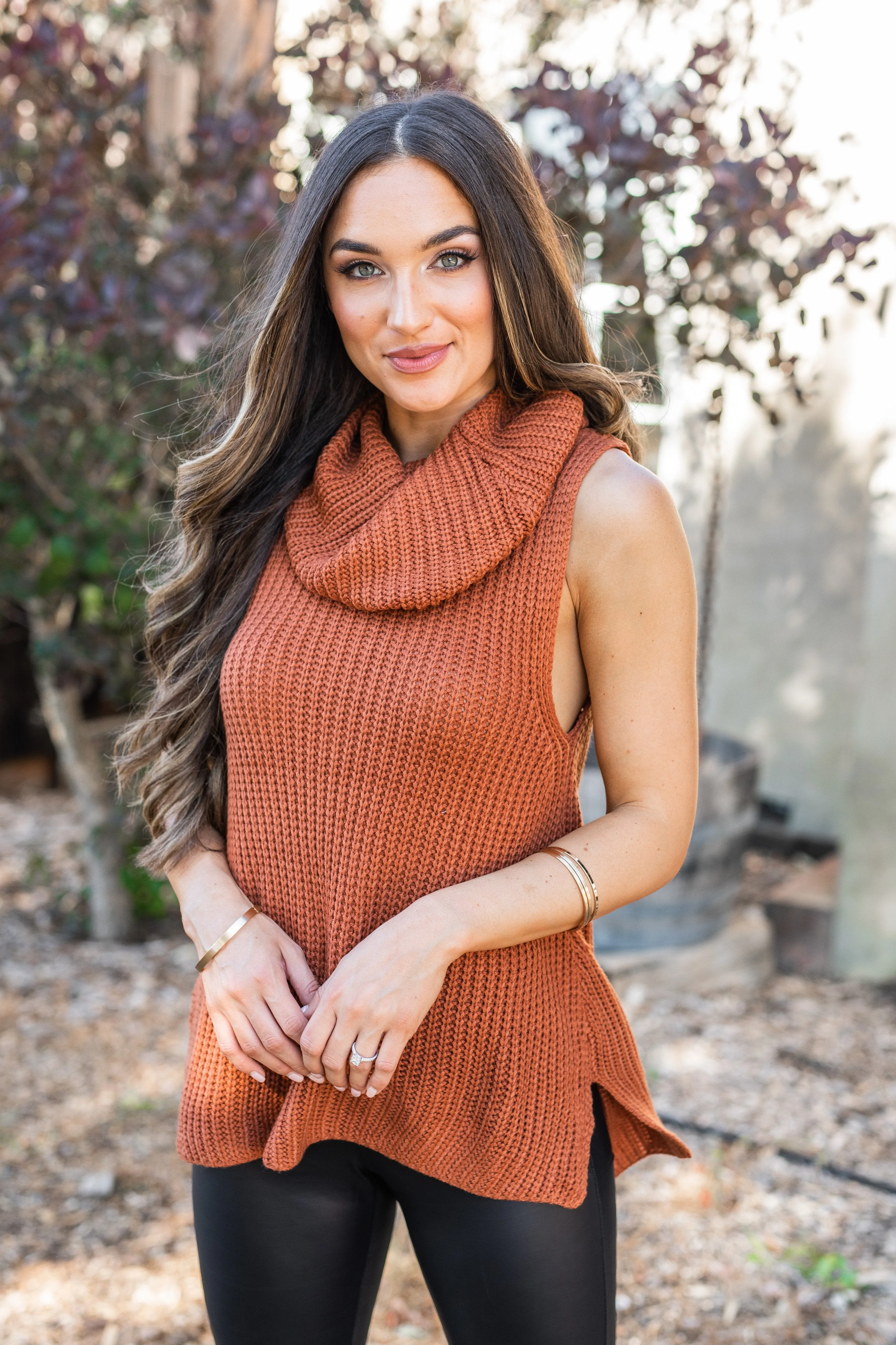 Against The Crowd Rust Cowl Neck Sweater