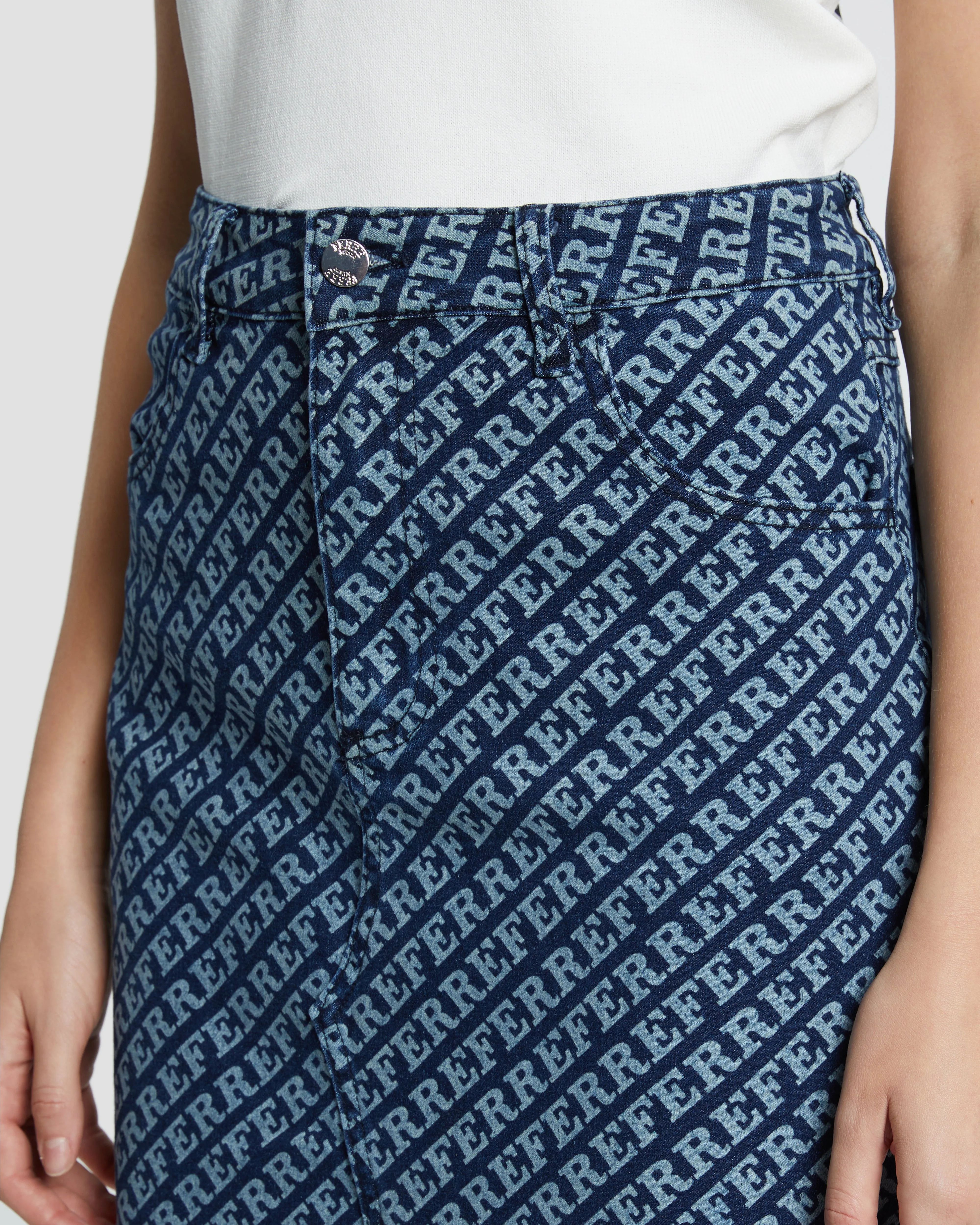 All-Over Ferre Print Denim Skirt