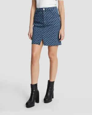 All-Over Ferre Print Denim Skirt