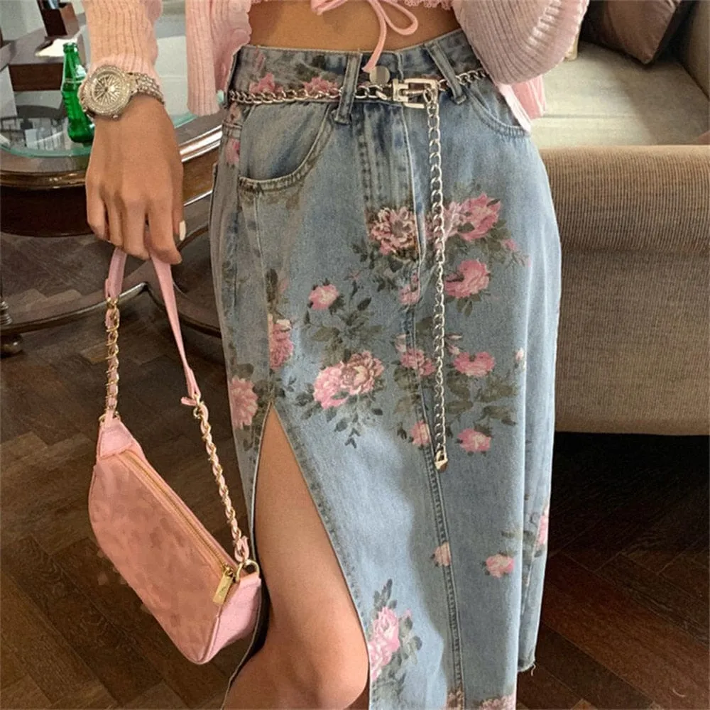 Alyssa Floral Split Denim Skirt