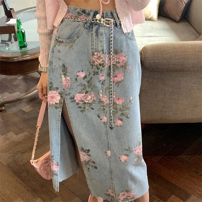 Alyssa Floral Split Denim Skirt