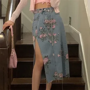 Alyssa Floral Split Denim Skirt