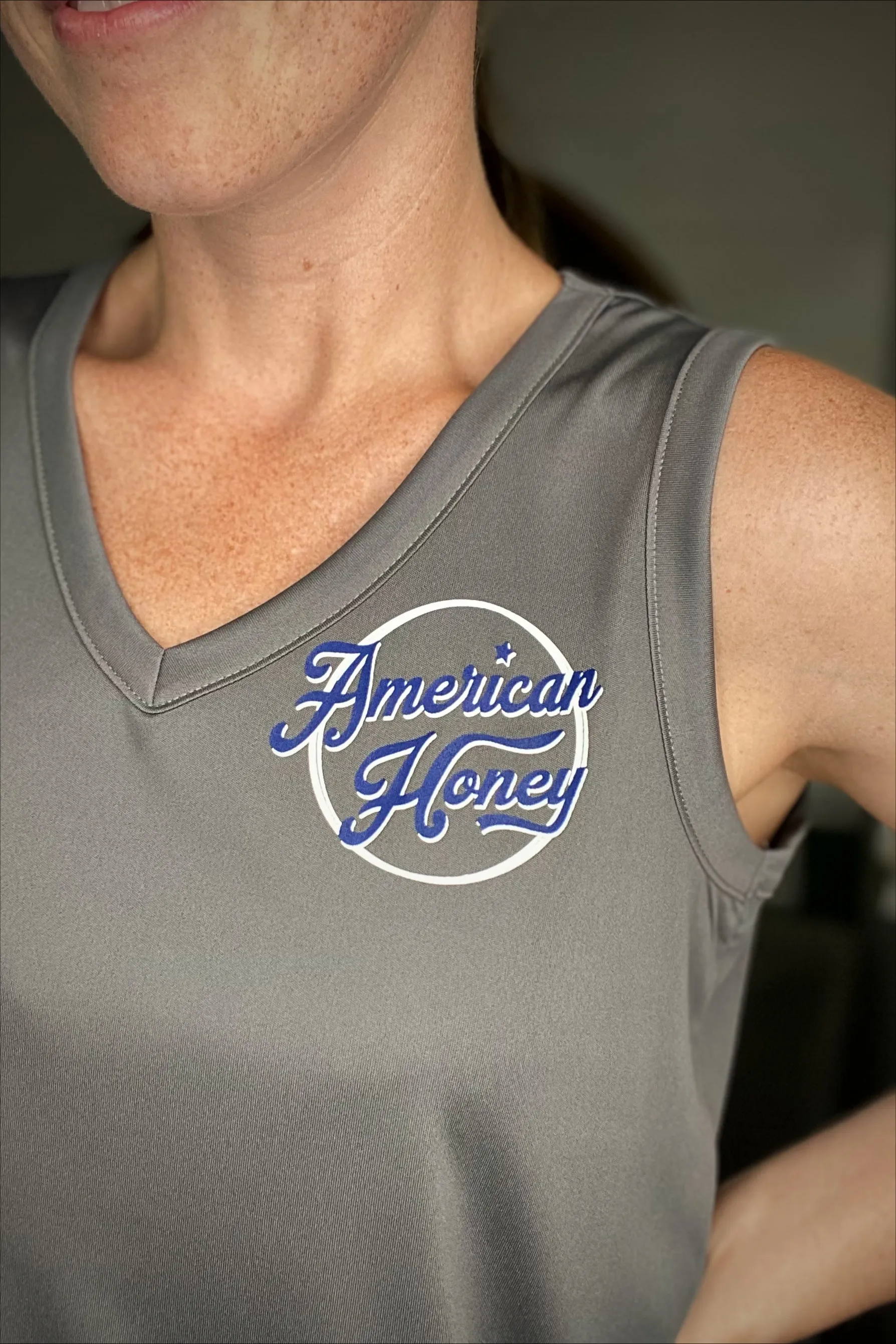 American Honey Gunmetal V-neck Workout Tank - Rustic Honey Label