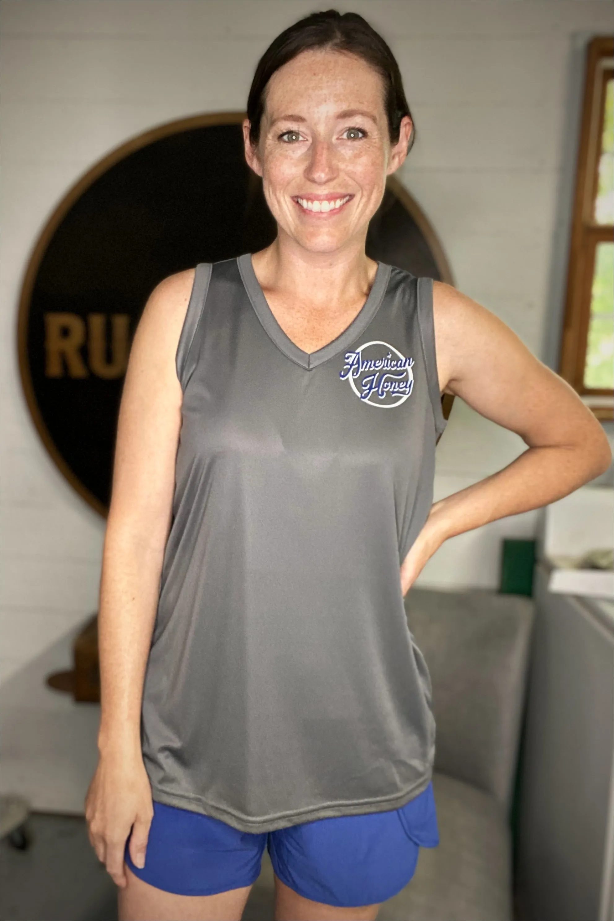 American Honey Gunmetal V-neck Workout Tank - Rustic Honey Label