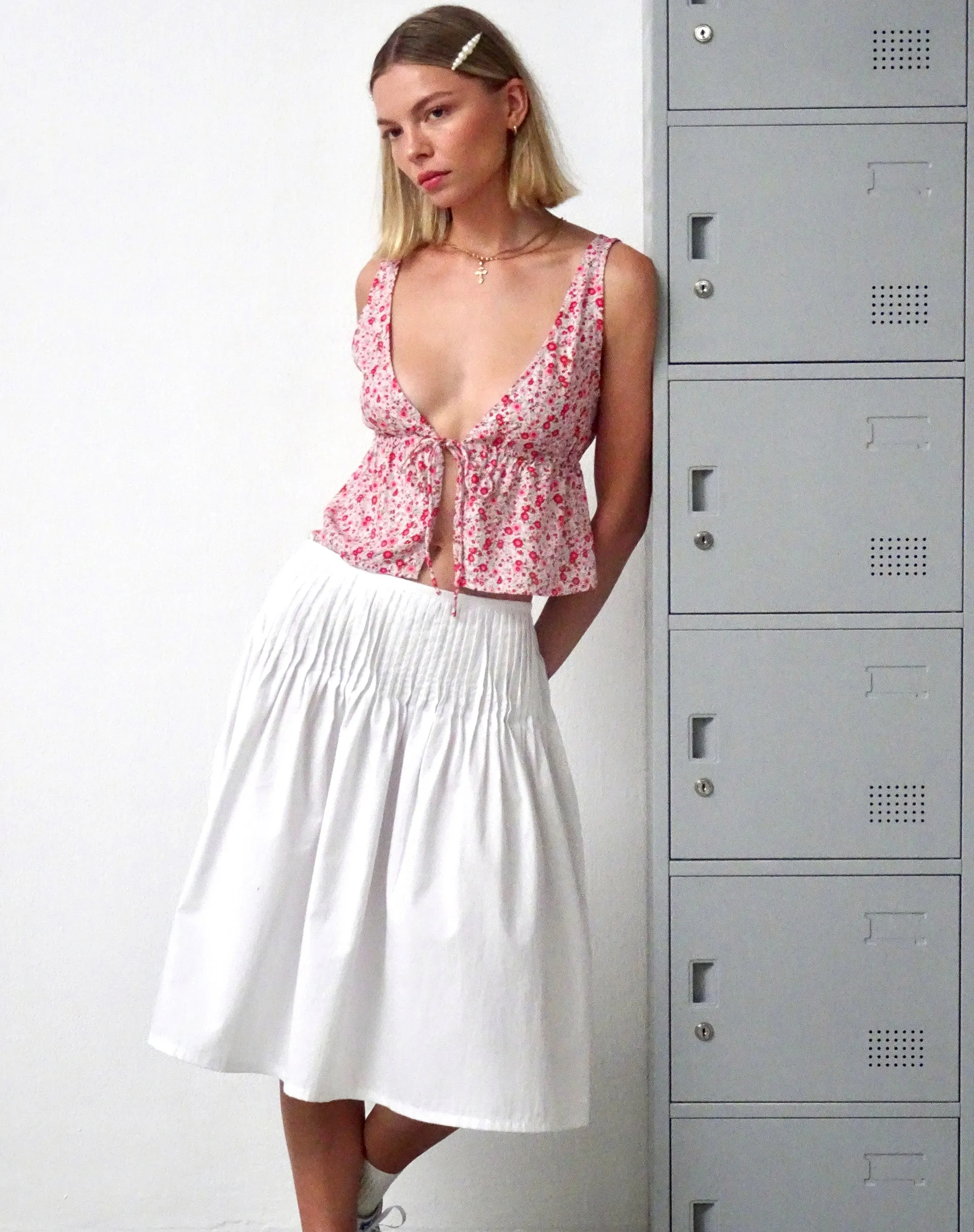 Asada Pleated Waist Midi Skirt in Poplin White