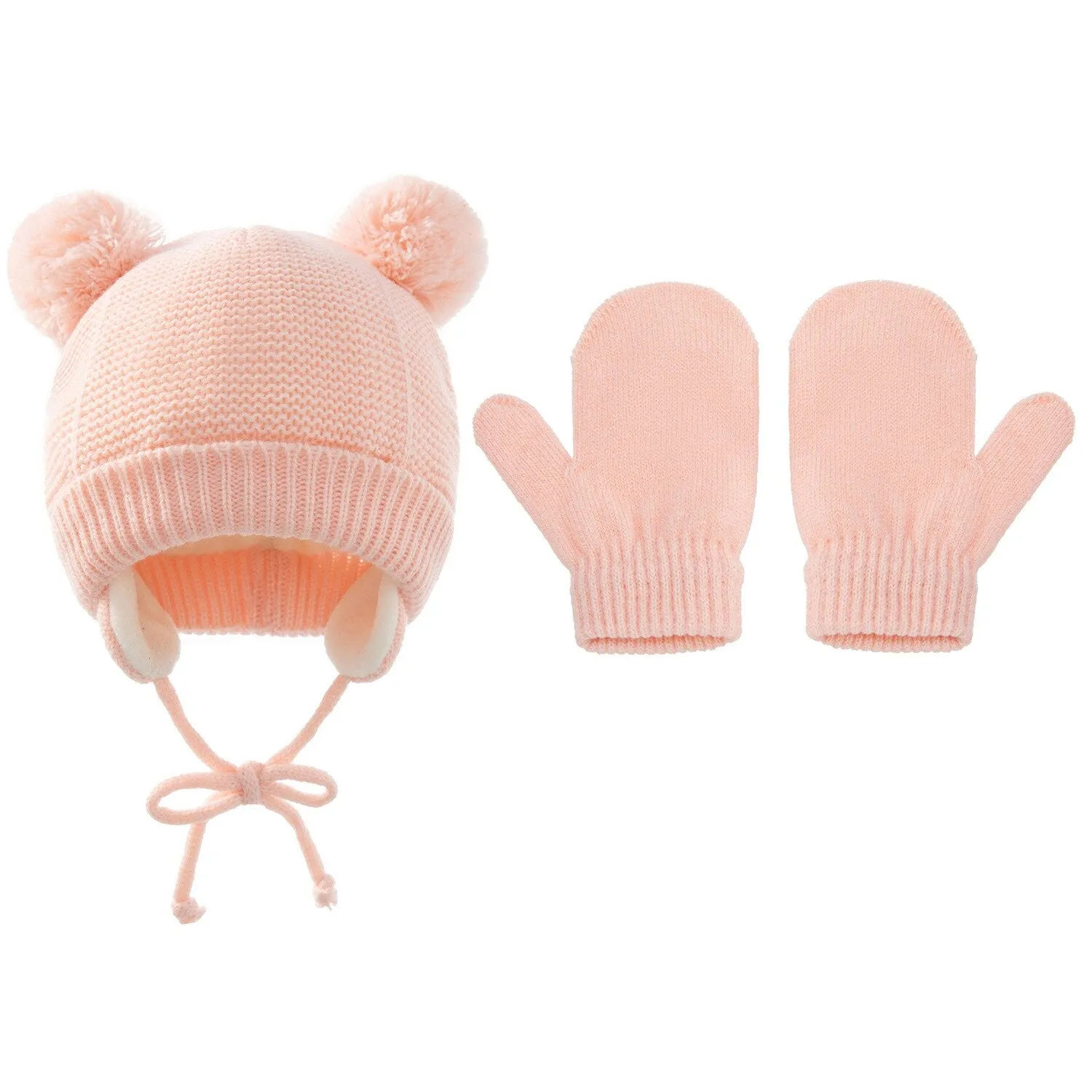 Baby Kids Girls Boys Winter Warm Knit Hat Ear Solid Warm Cute Glove 2pcs Lovely Beanie Cap With Hair Ball