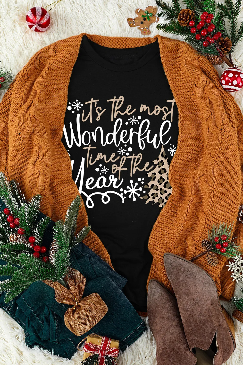 Black Christmas Season Leopard Graphic Top