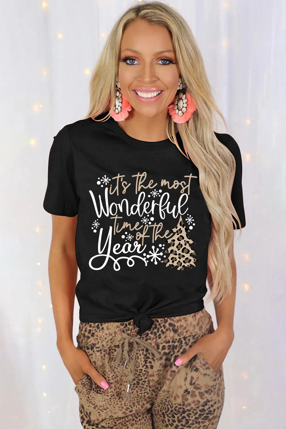 Black Christmas Season Leopard Graphic Top