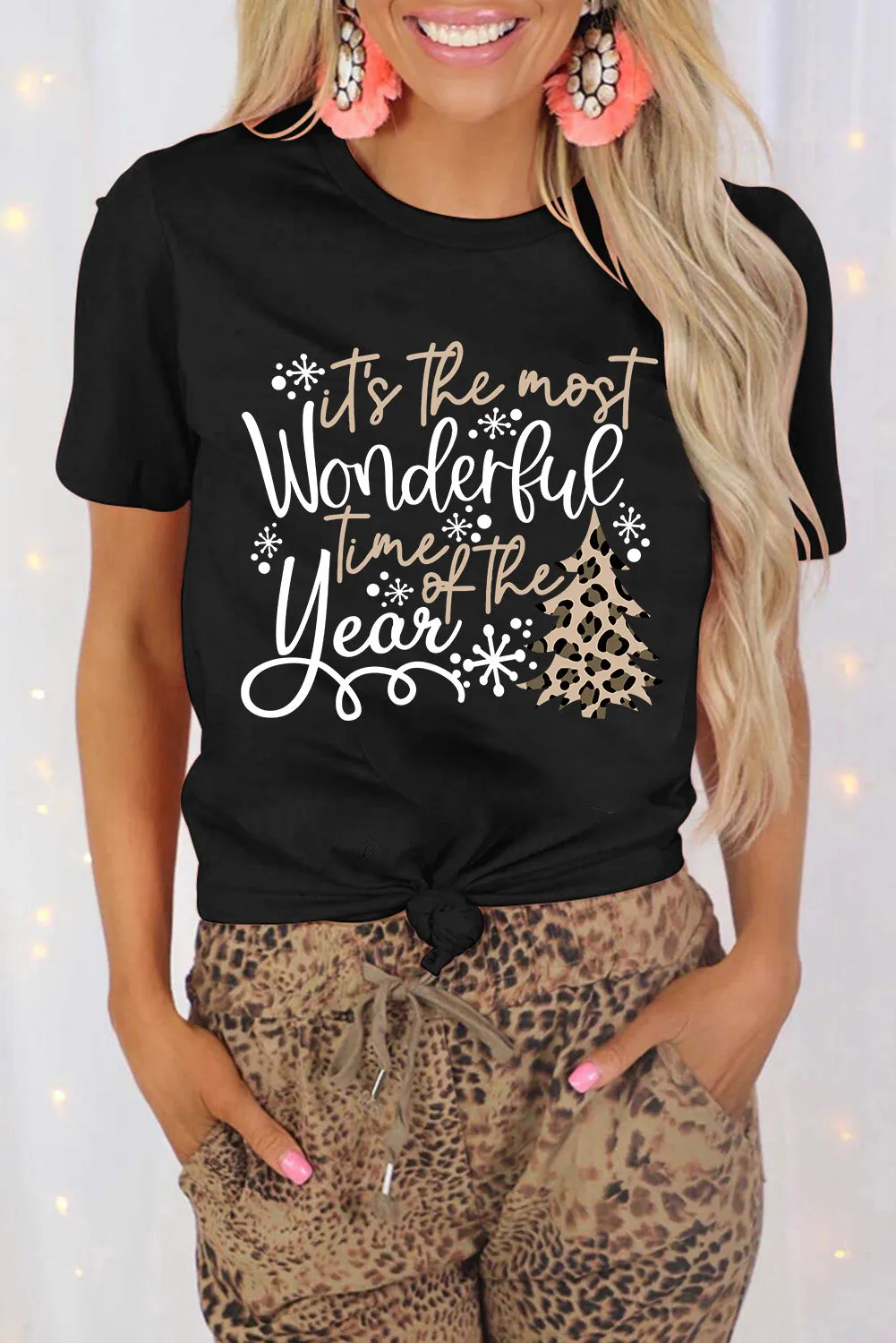 Black Christmas Season Leopard Graphic Top