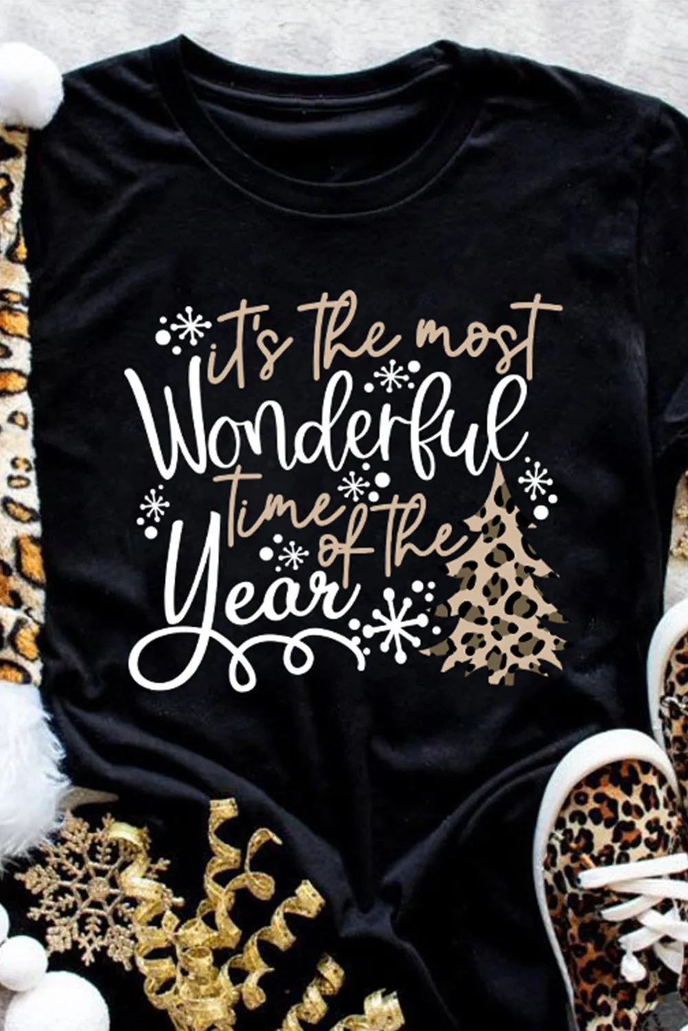 Black Christmas Season Leopard Graphic Top