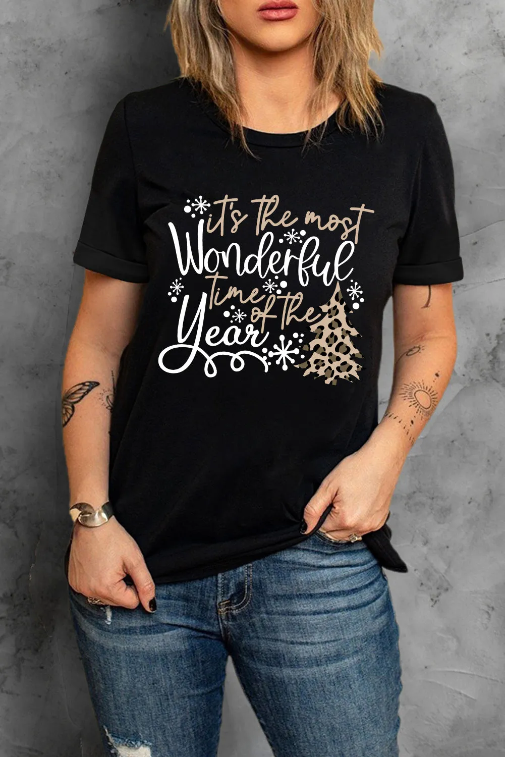 Black Christmas Season Leopard Graphic Top