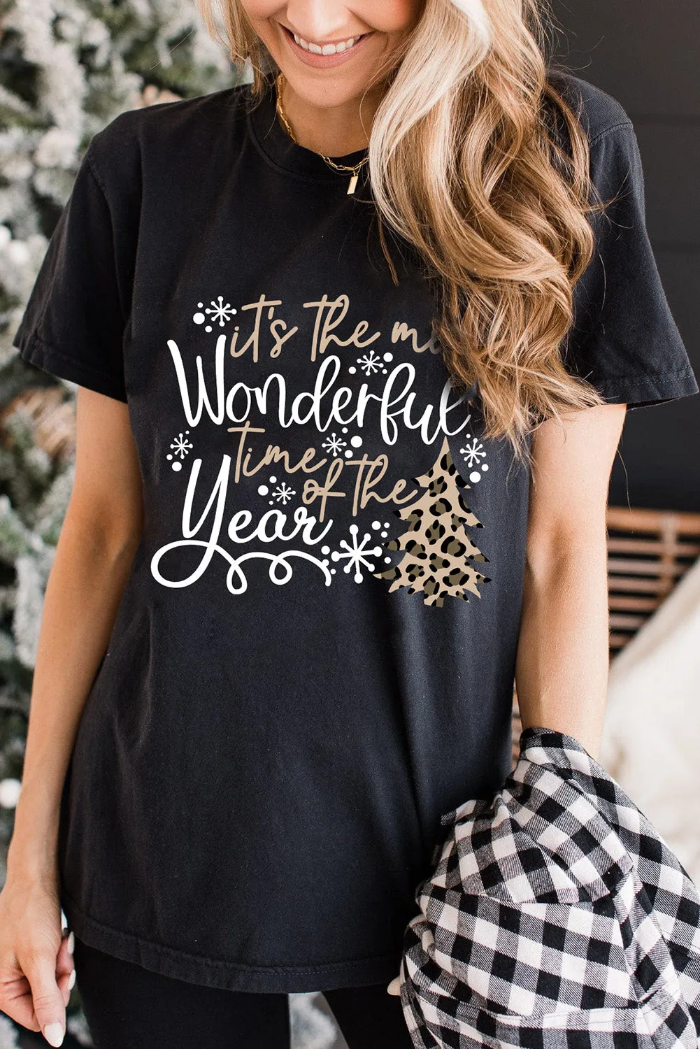 Black Christmas Season Leopard Graphic Top