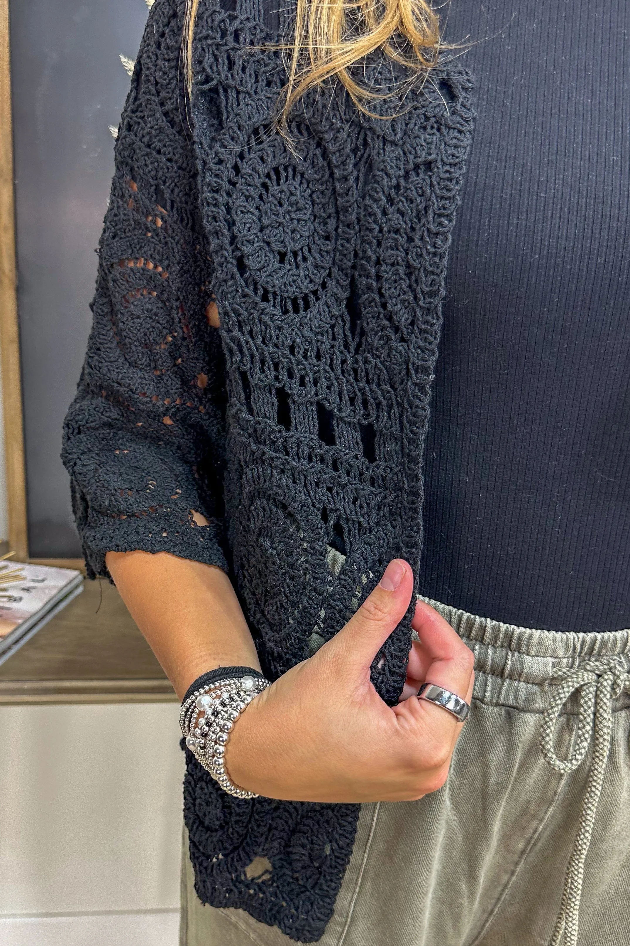 Black Crochet Button Short Cardigan