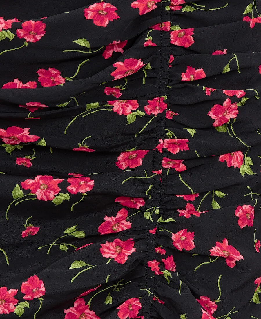 Black Floral Ruche Side Midi Skirt