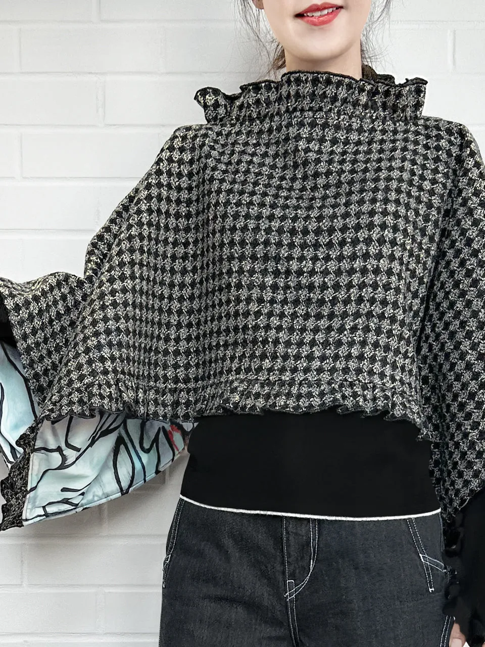 Black Lurex Check Three Way Ruffled Cape Cardi - Crop Top