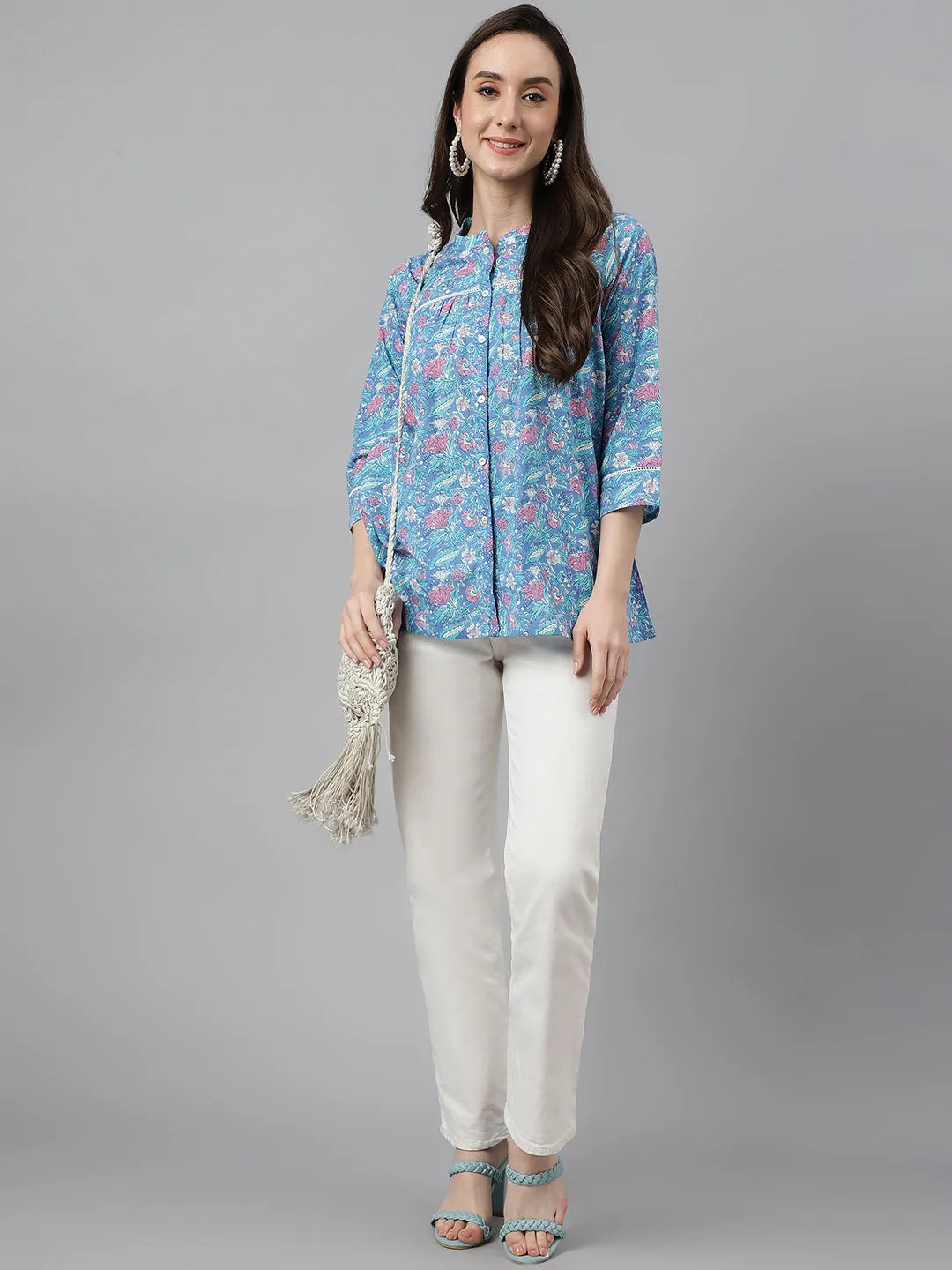 Blue Cotton Botanical Print Empire Top