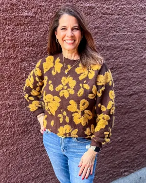 Brown Distressed Floral Sweater