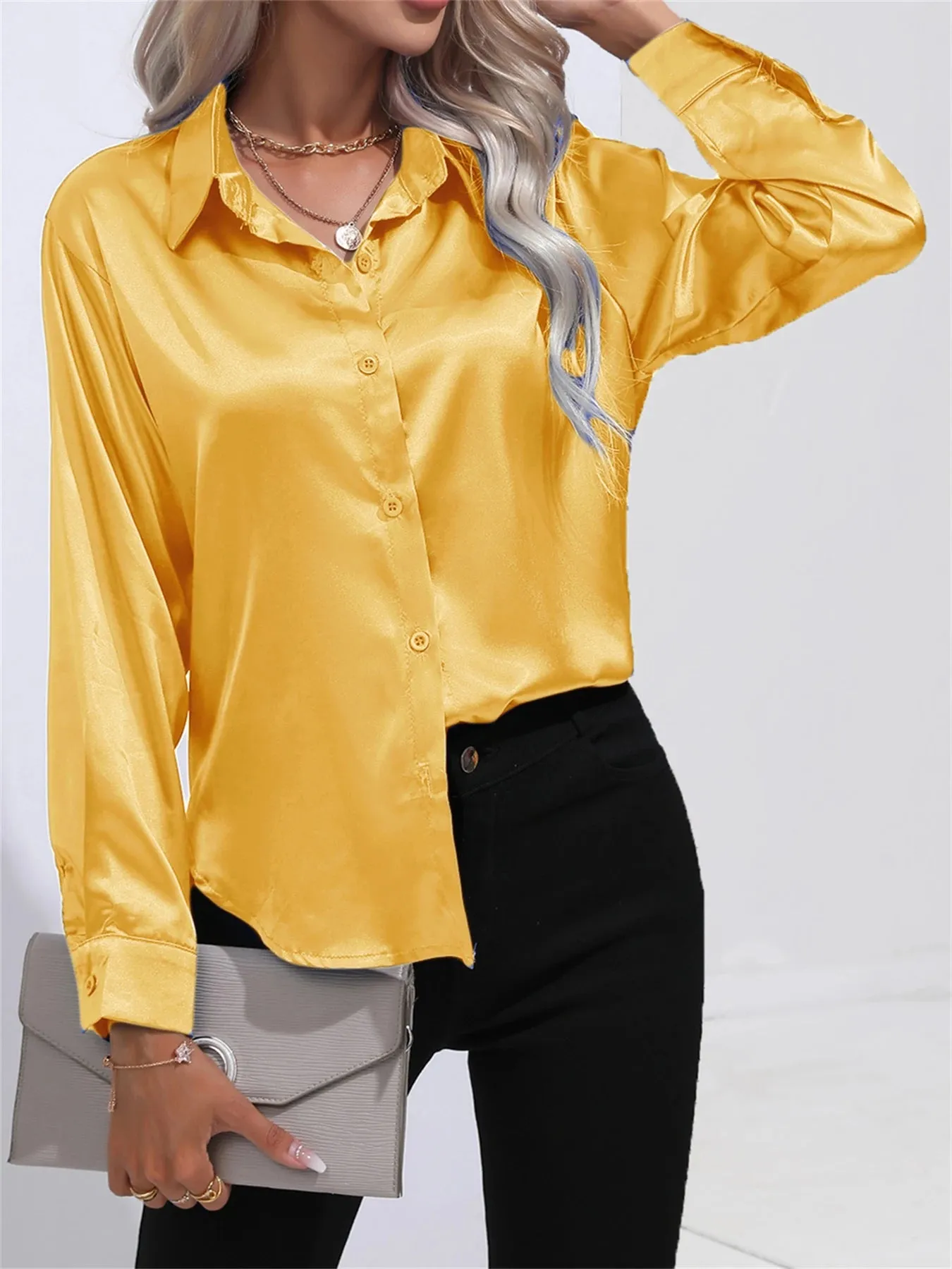 Casual Solid Smoothly Button Front Turn Down Collar Long Sleeve Blouse