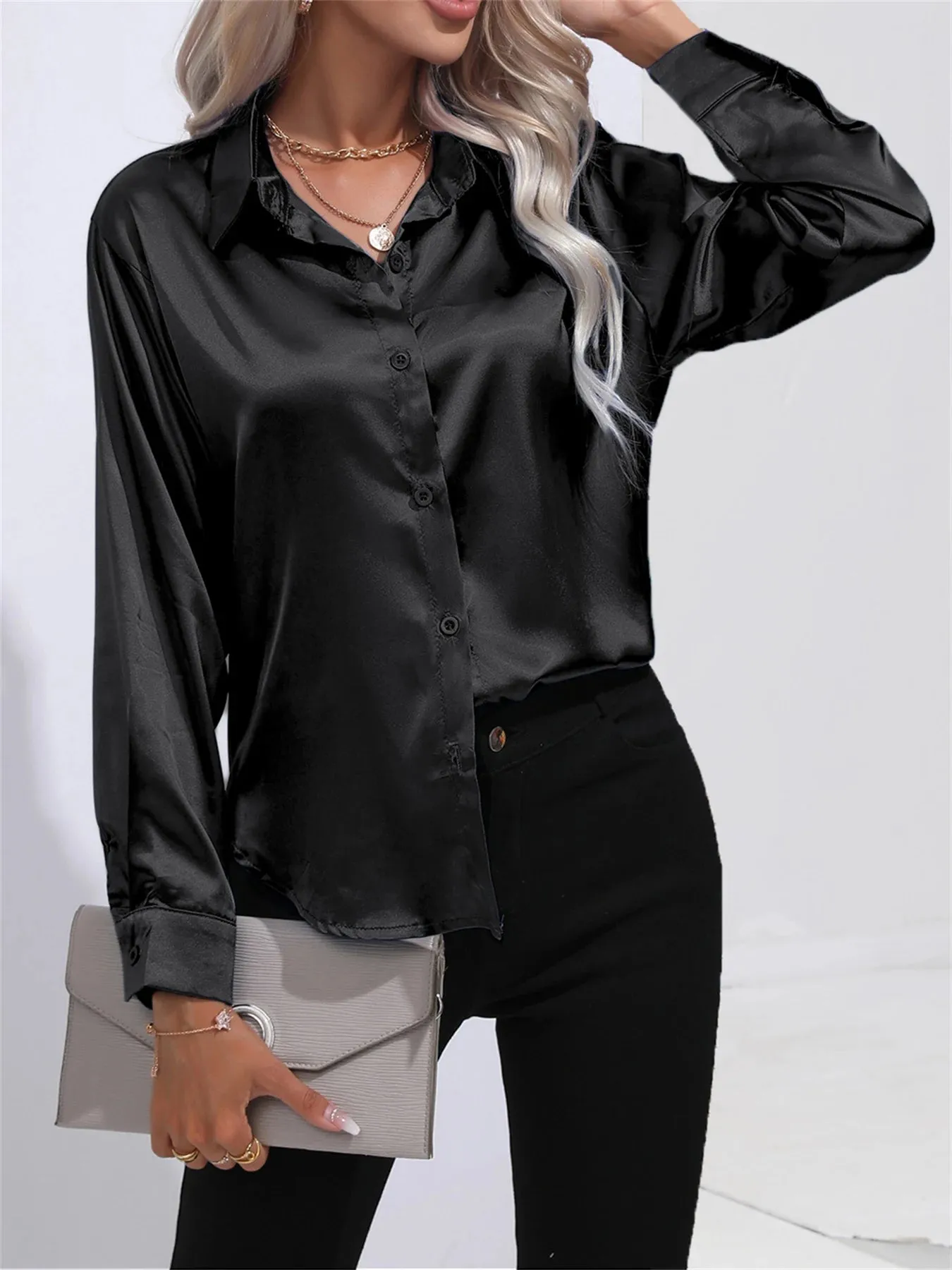 Casual Solid Smoothly Button Front Turn Down Collar Long Sleeve Blouse