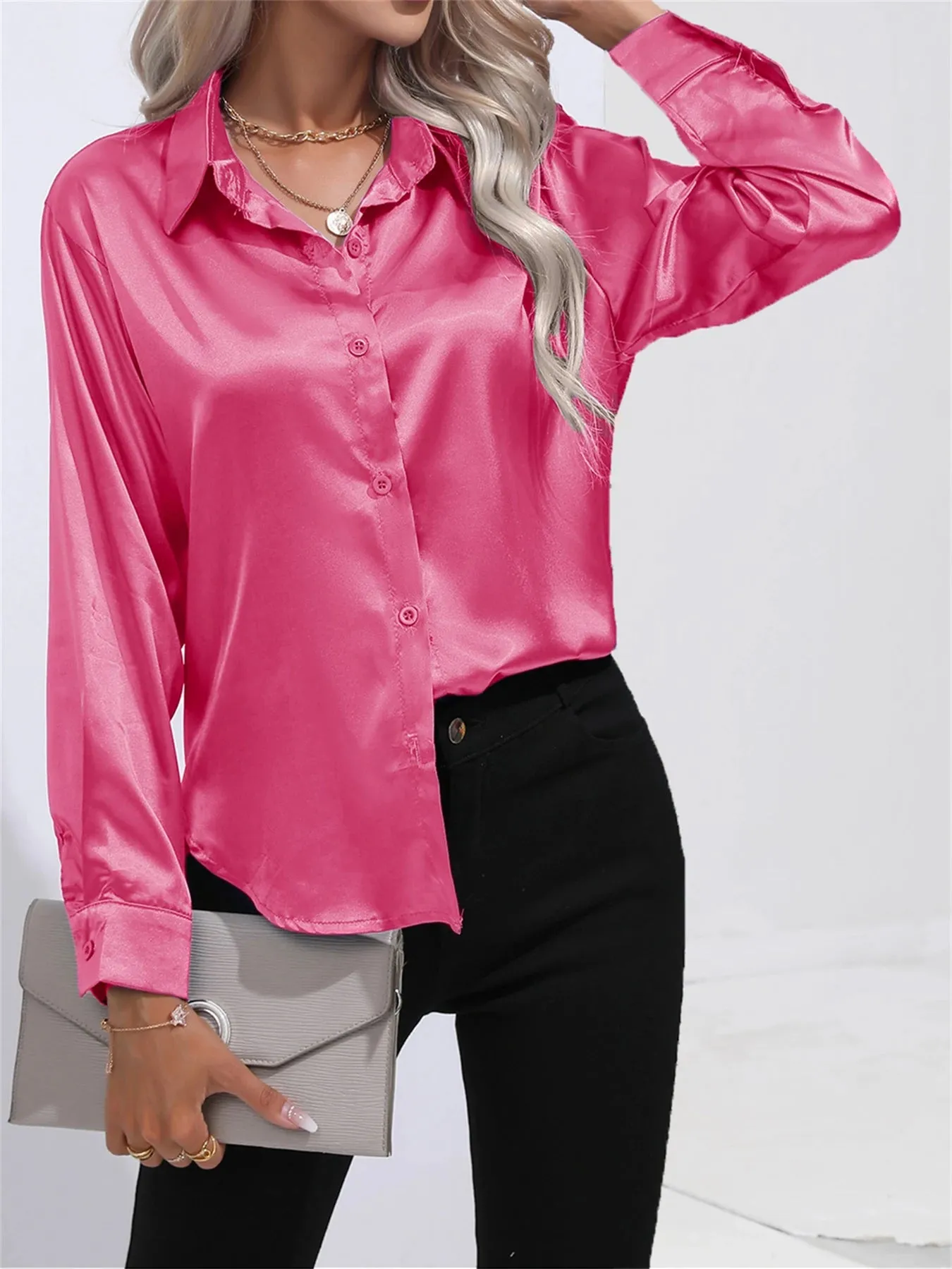 Casual Solid Smoothly Button Front Turn Down Collar Long Sleeve Blouse