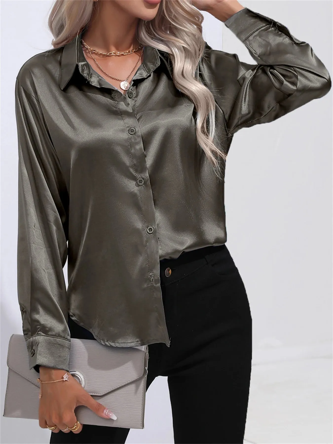 Casual Solid Smoothly Button Front Turn Down Collar Long Sleeve Blouse