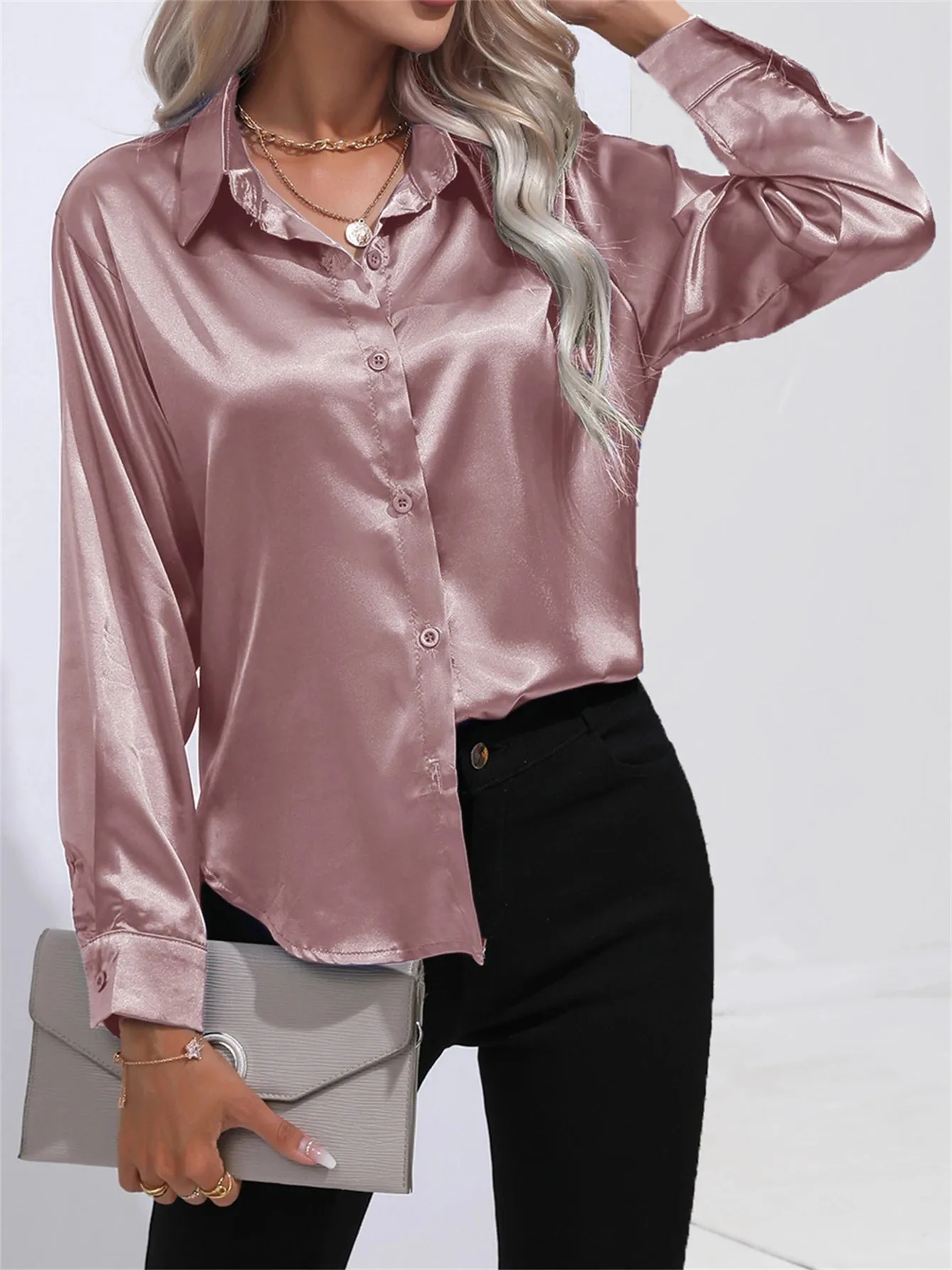 Casual Solid Smoothly Button Front Turn Down Collar Long Sleeve Blouse