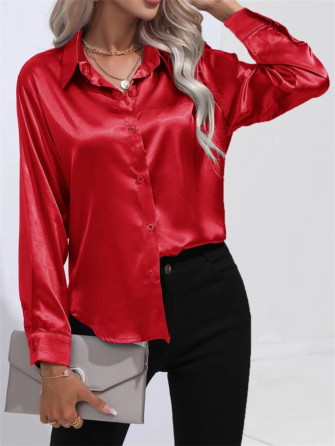 Casual Solid Smoothly Button Front Turn Down Collar Long Sleeve Blouse