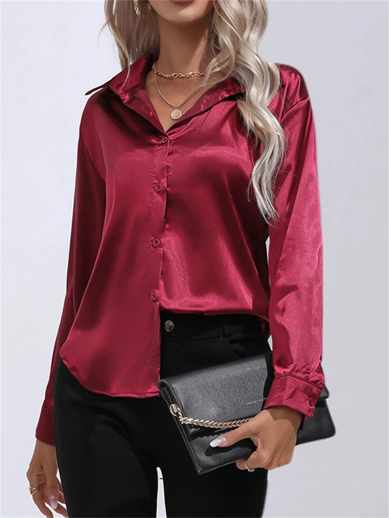 Casual Solid Smoothly Button Front Turn Down Collar Long Sleeve Blouse