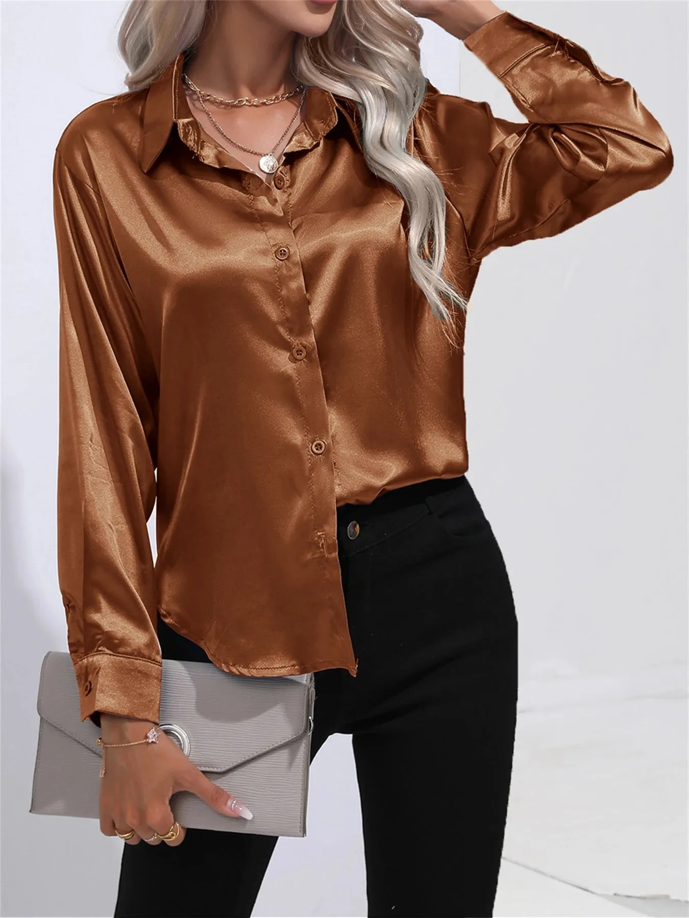 Casual Solid Smoothly Button Front Turn Down Collar Long Sleeve Blouse