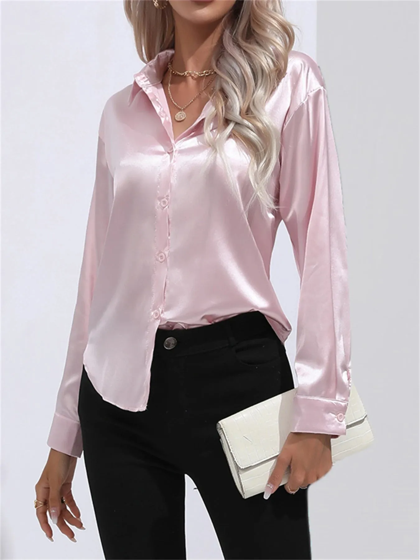 Casual Solid Smoothly Button Front Turn Down Collar Long Sleeve Blouse