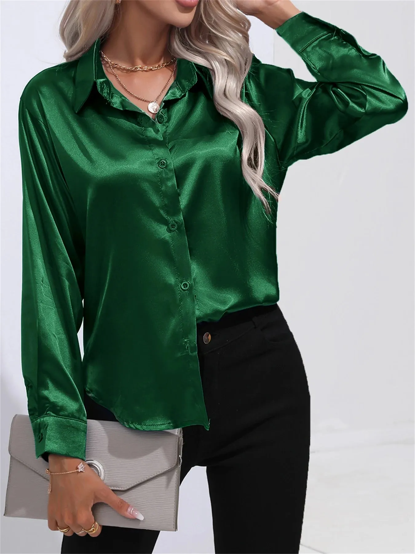 Casual Solid Smoothly Button Front Turn Down Collar Long Sleeve Blouse