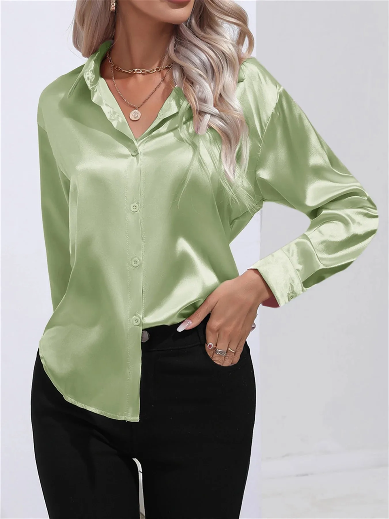 Casual Solid Smoothly Button Front Turn Down Collar Long Sleeve Blouse