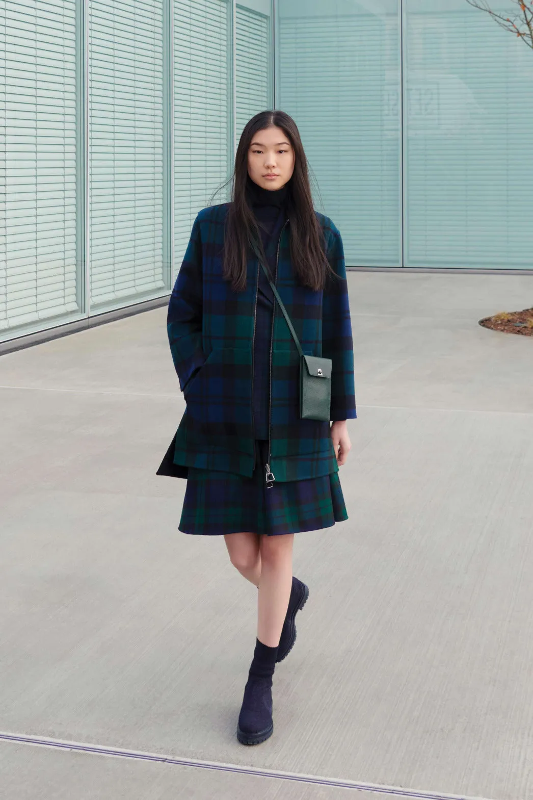 Checked Wool Flared Godet Skirt