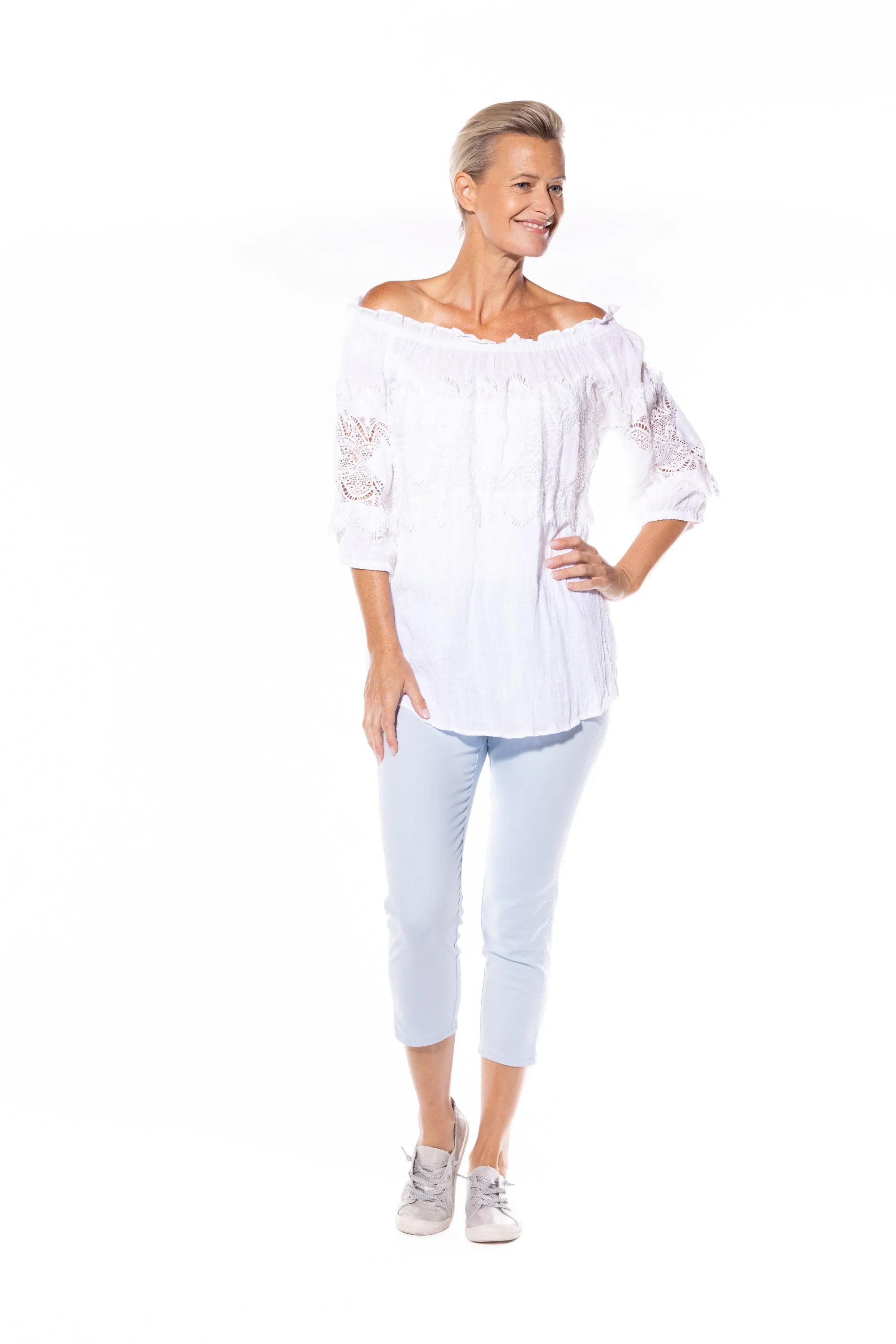 Cotton Peasant Top by Café Latte - White