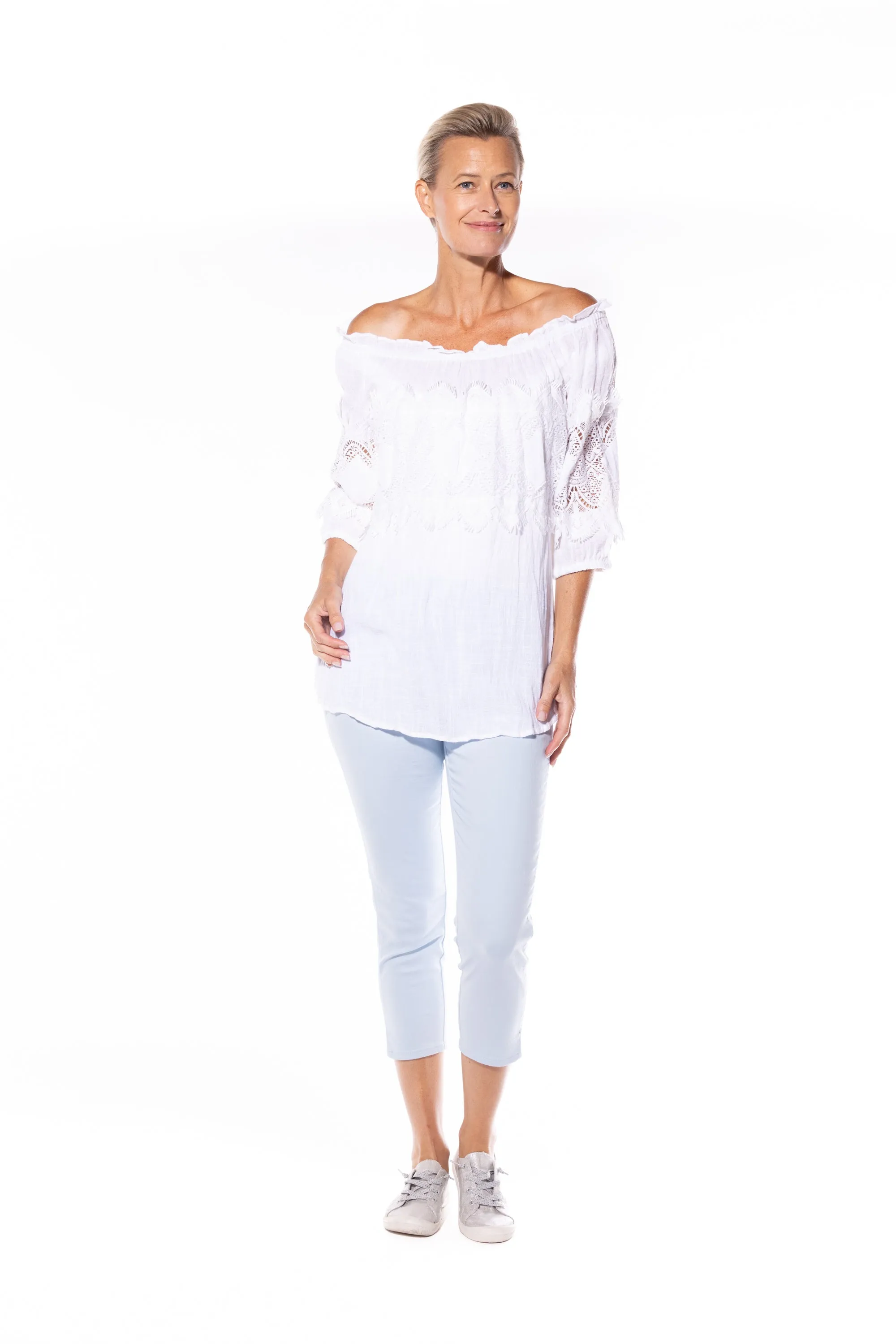 Cotton Peasant Top by Café Latte - White