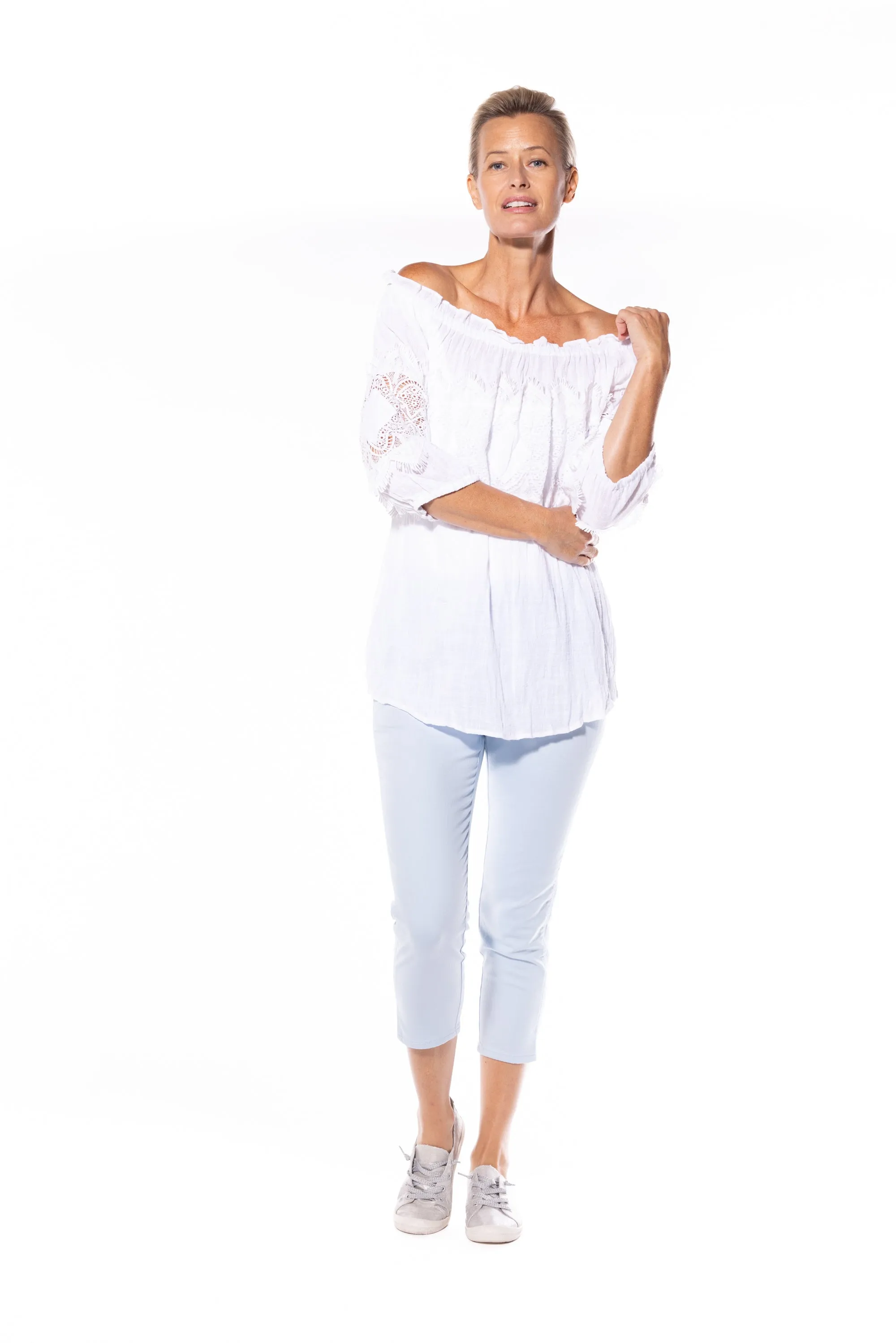 Cotton Peasant Top by Café Latte - White