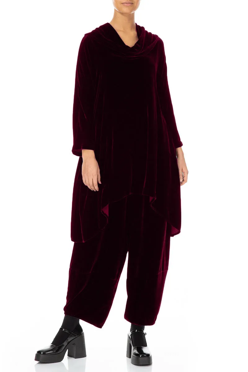 Cowl Neck Asymmetric Magenta Silk Velvet Tunic