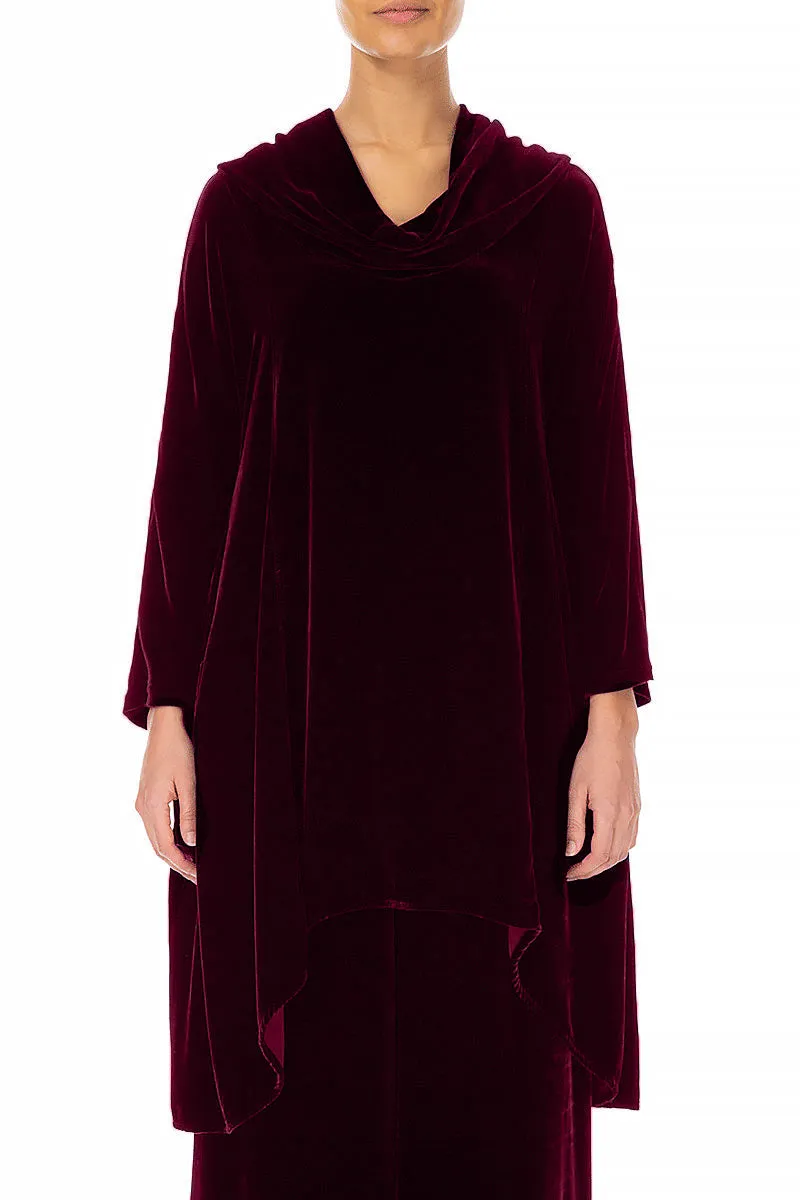 Cowl Neck Asymmetric Magenta Silk Velvet Tunic