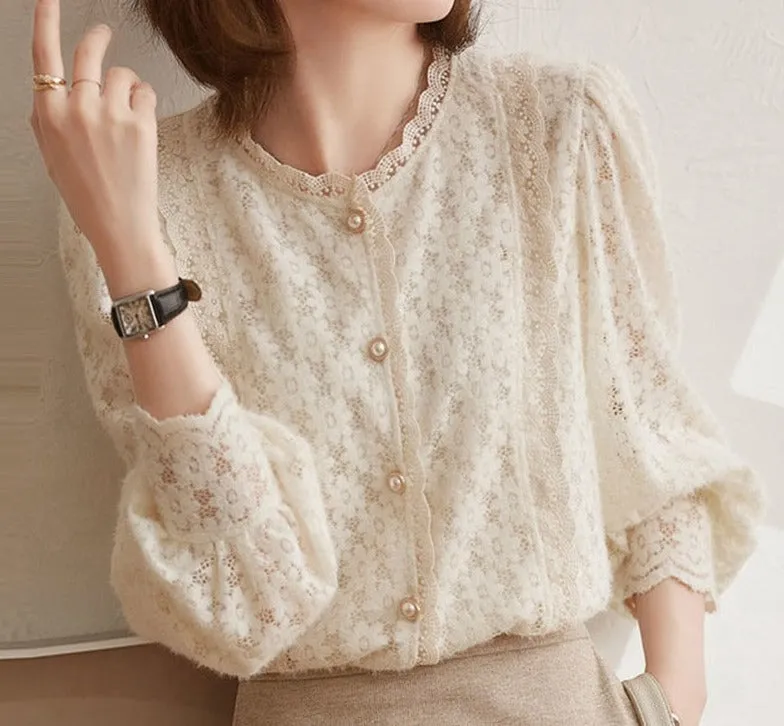 deanwangkt Crochet Lace Women Shirt Fashion Vintage Flowers Button Shirts Elegant Casual Loose Puff Long Sleeve Blouses Tops Blusas