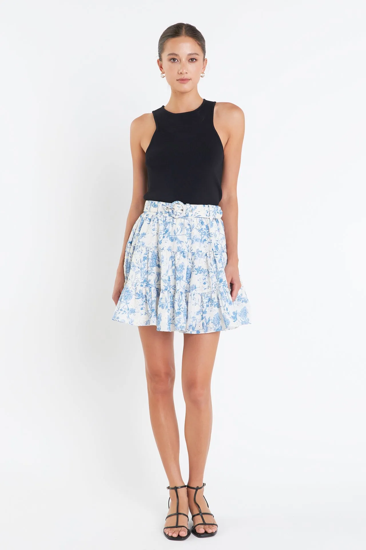 Digital Print Belted Tiered Mini Skirt