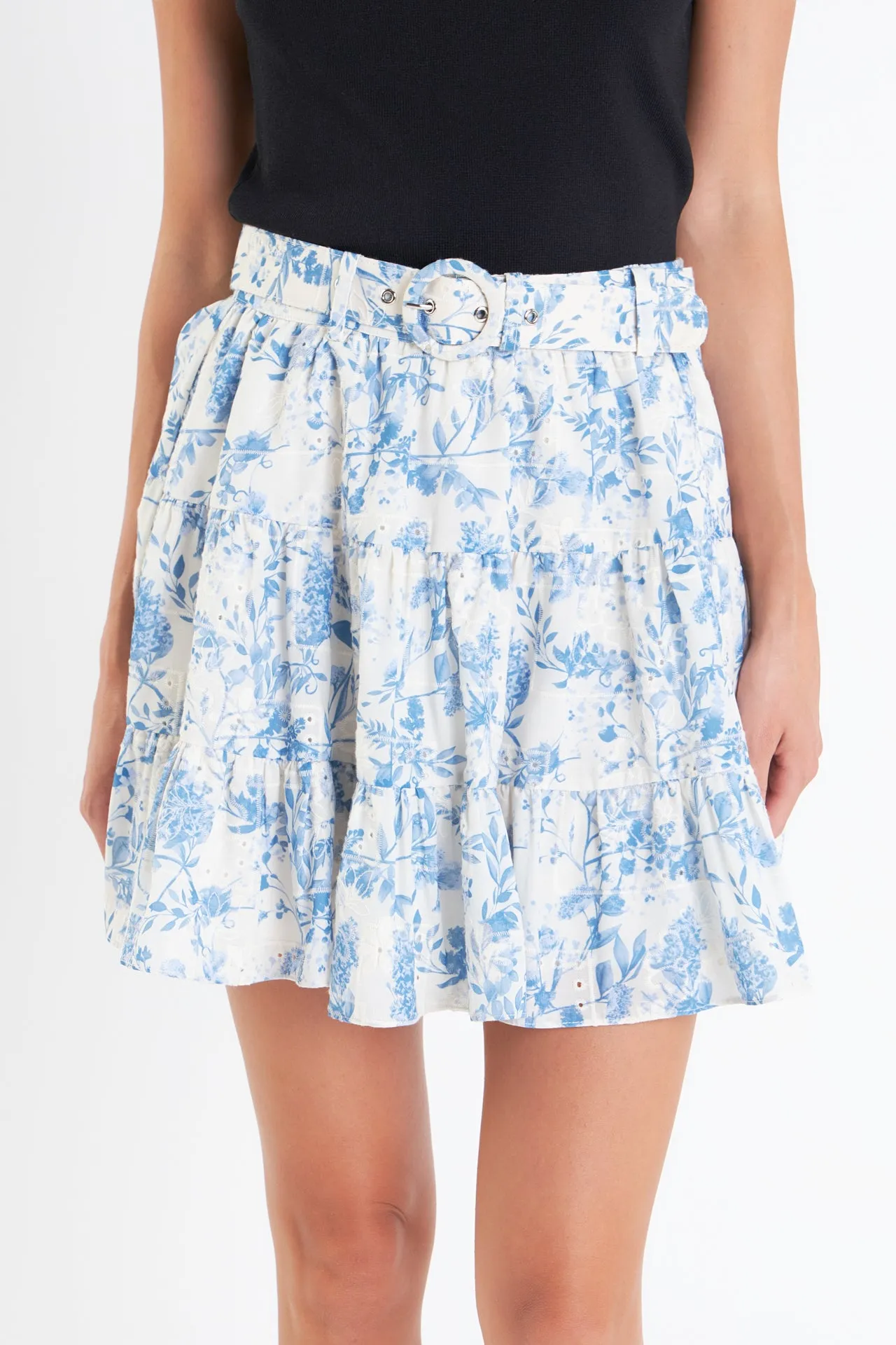 Digital Print Belted Tiered Mini Skirt