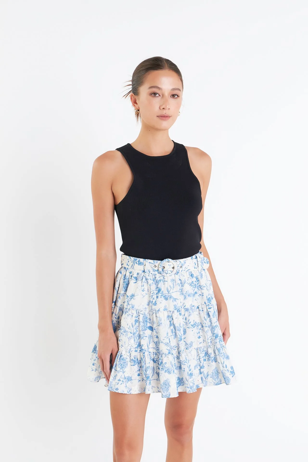 Digital Print Belted Tiered Mini Skirt