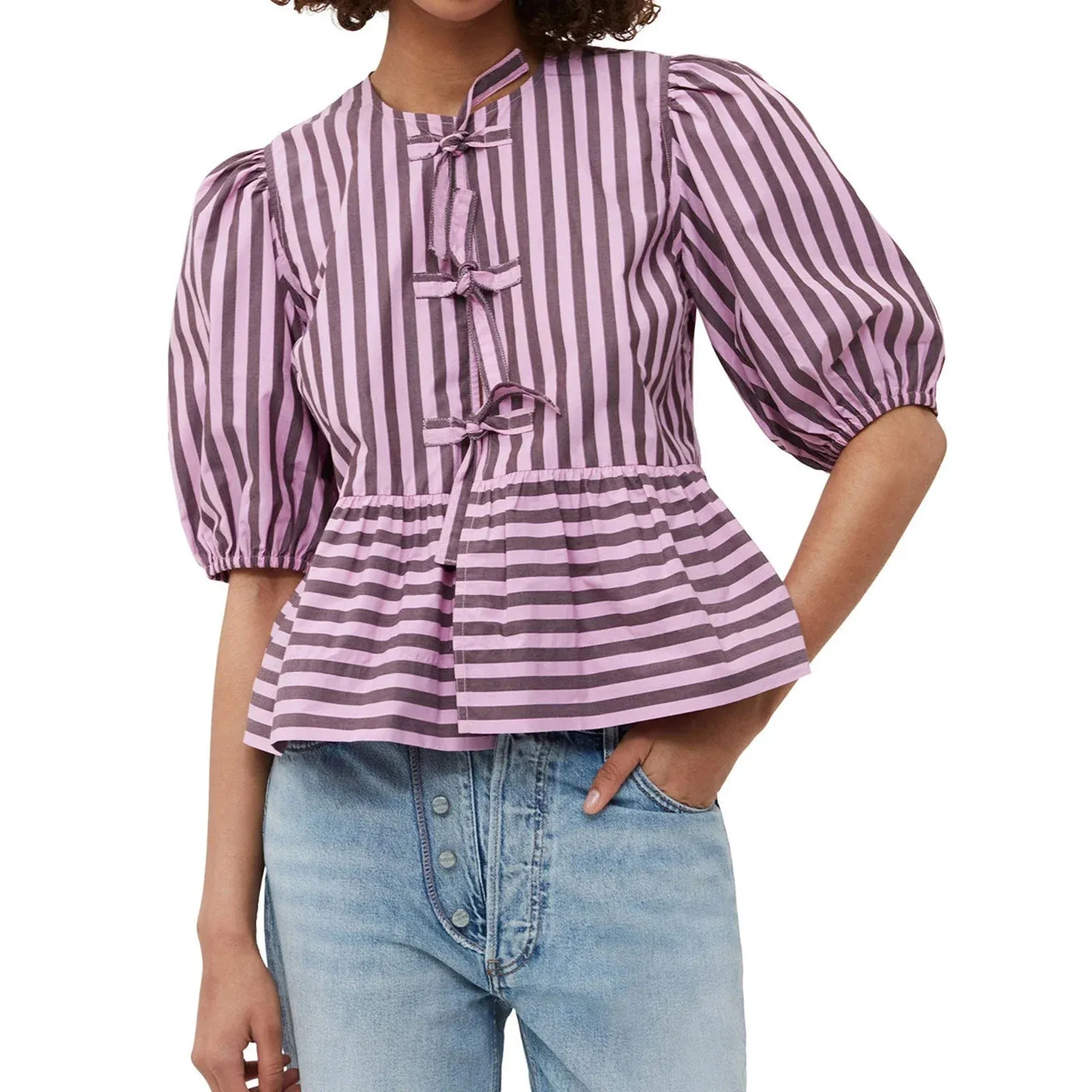 Elegant Summer Peplum Stripe Print Short Puff Sleeve Tie Front Loose Streetwear Kawaii Blouse