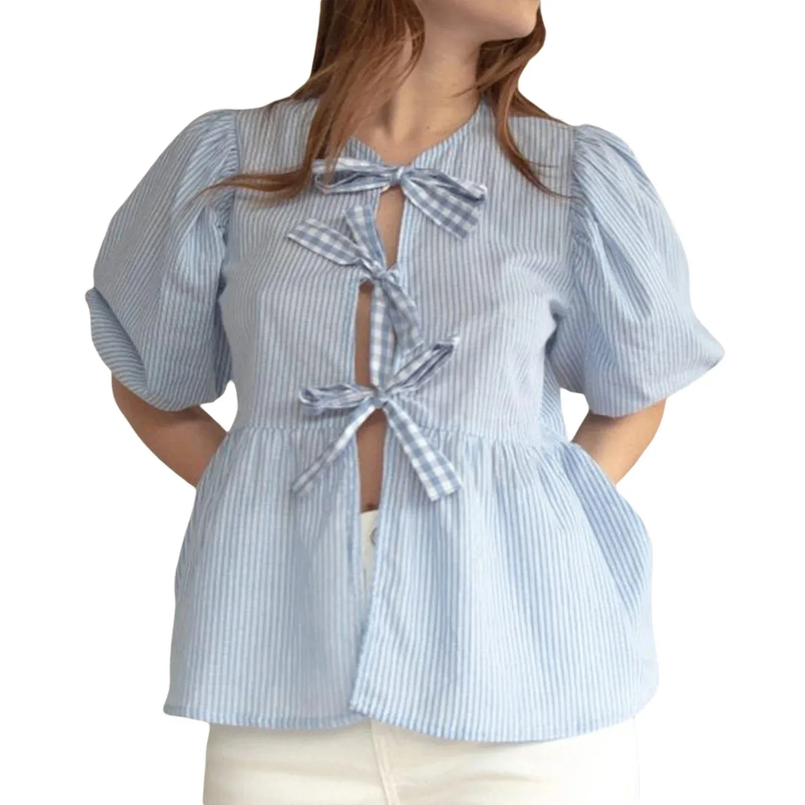 Elegant Summer Peplum Stripe Print Short Puff Sleeve Tie Front Loose Streetwear Kawaii Blouse